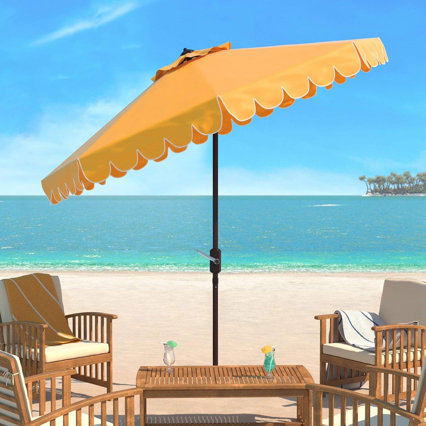Venice Navy and White Single Scallop 9Ft Crank Outdoor Umbrella