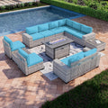 13-Piece Turquoise Rattan Patio Sectional Set with Fire Pit - Cozy