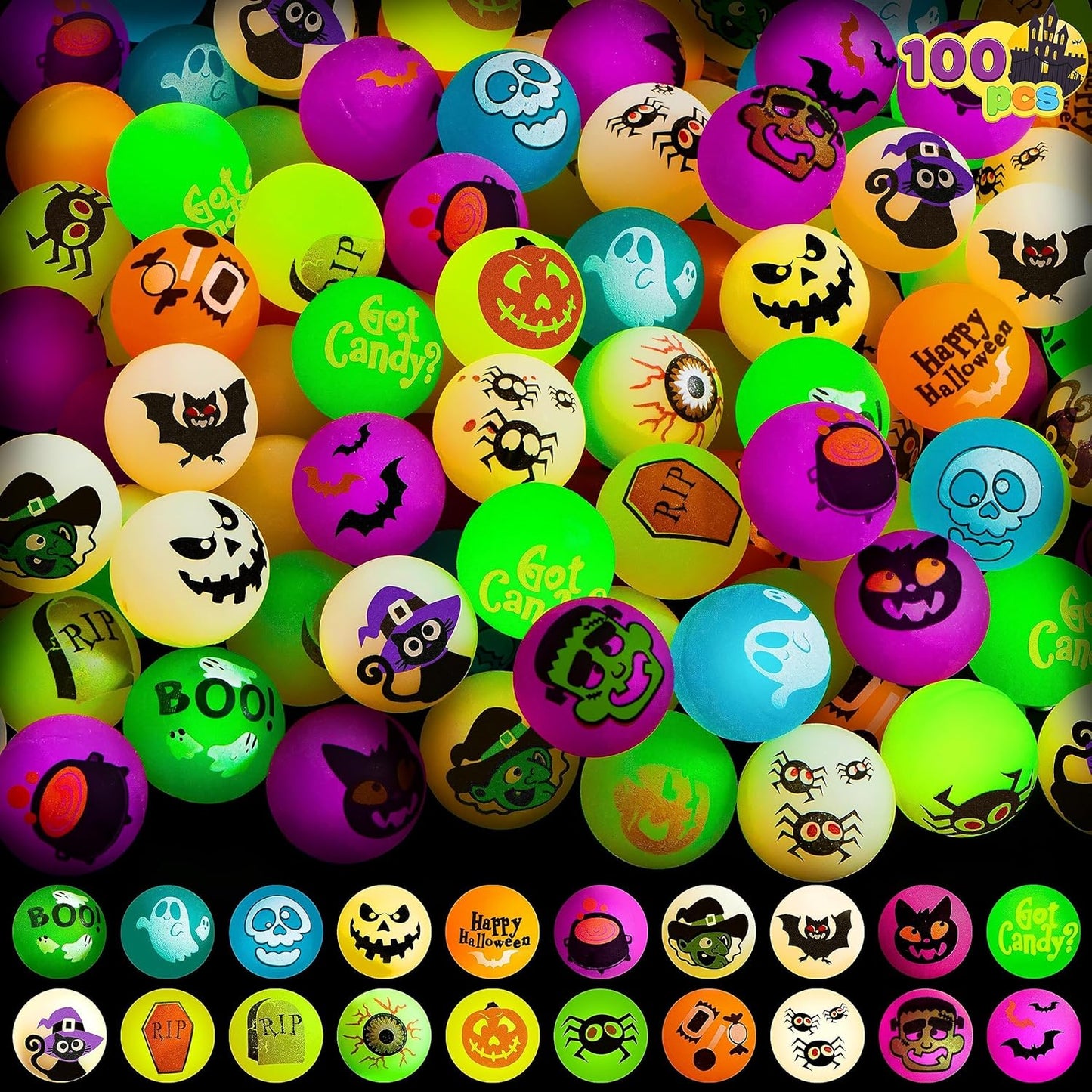 100 PCS Halloween Glow in The Dark Bouncing Balls for Fun