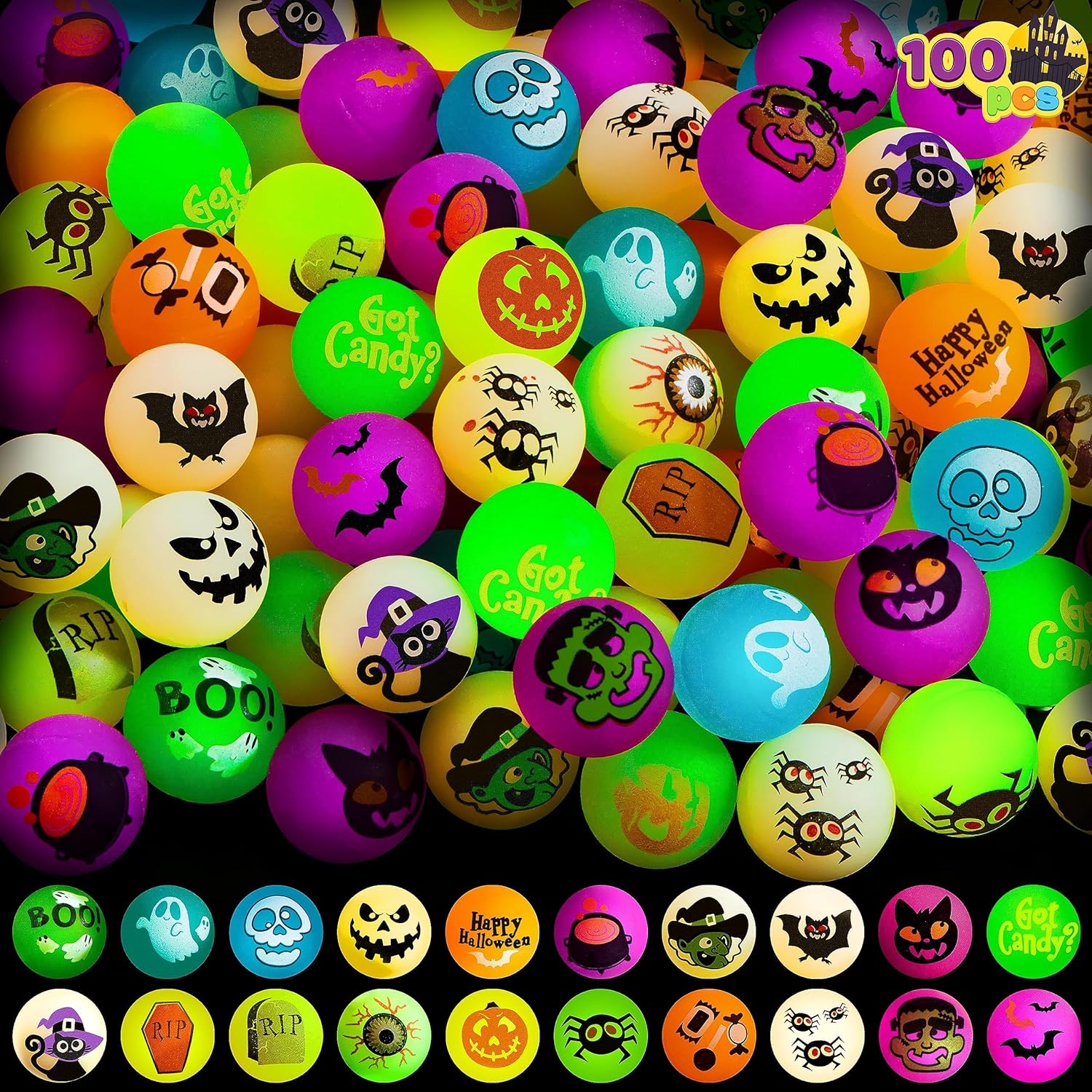 100 PCS Halloween Glow in The Dark Bouncing Balls for Fun