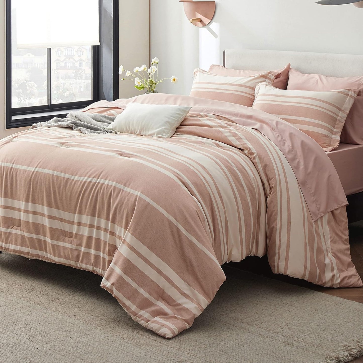 Bedsure Queen Comforter Set 7 Pieces in Dusty Pink Stripes