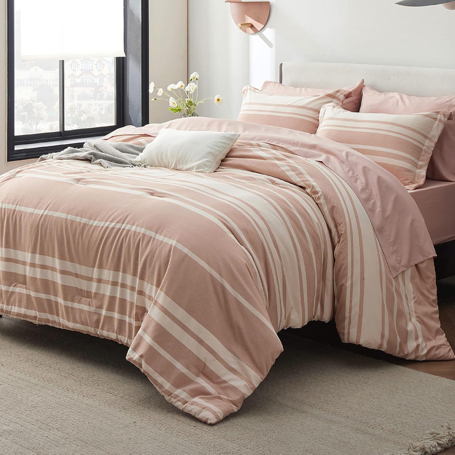 Bedsure Queen Comforter Set 7 Pieces in Dusty Pink Stripes