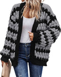 Womens Chunky Cardigan Lantern Sleeve Striped Color Block - Cozy Layer