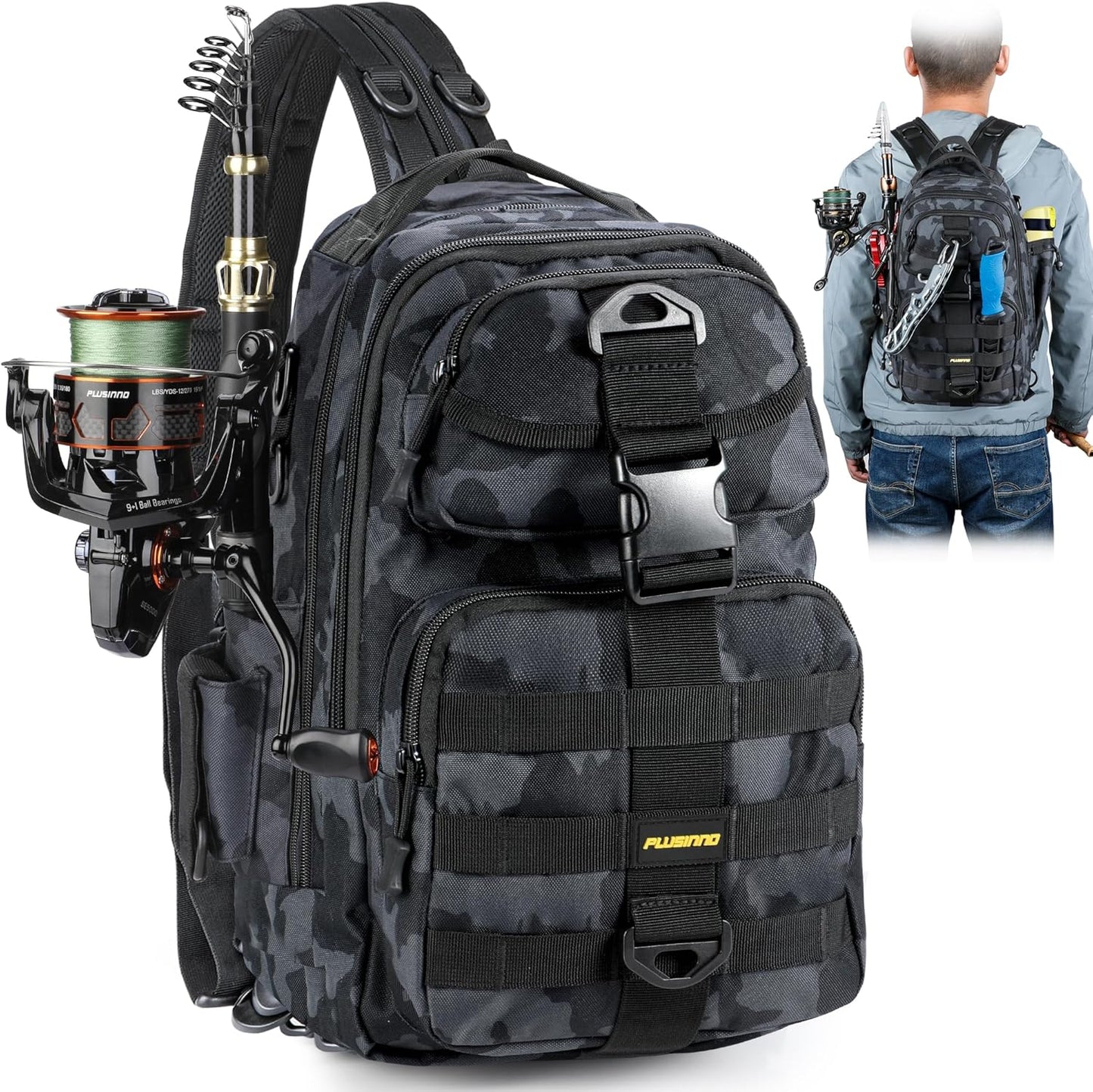 PLUSINNO Fishing Backpack - Water-Resistant & Rod Holder