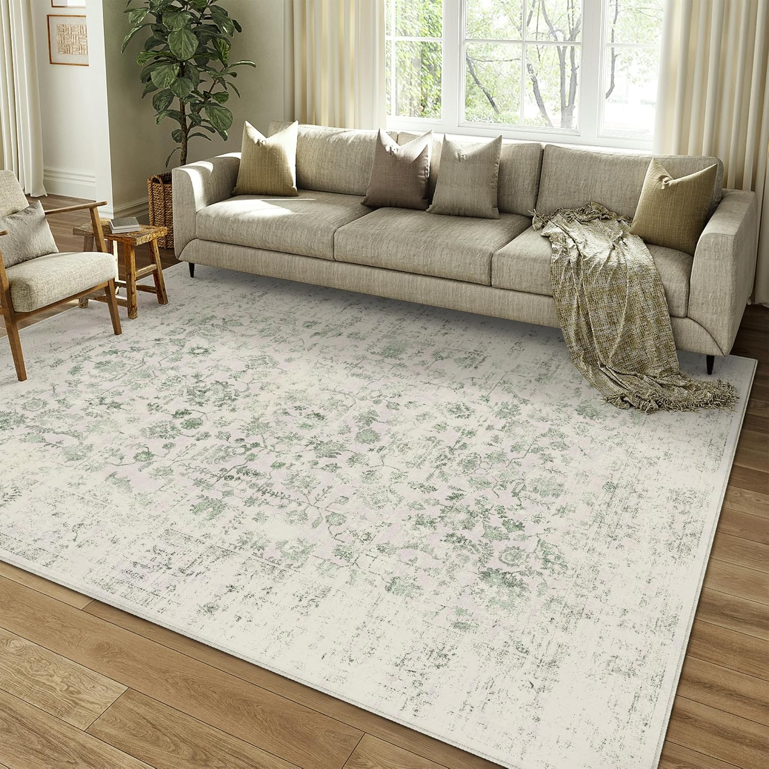 6x9 Machine Washable Light Green Area Rug for Home Decor