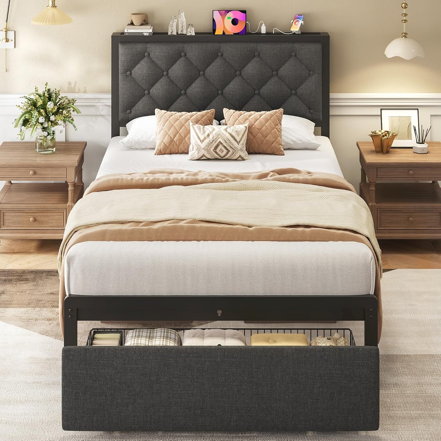 Twin Bed Frame with Storage Drawer and Charging Station Features