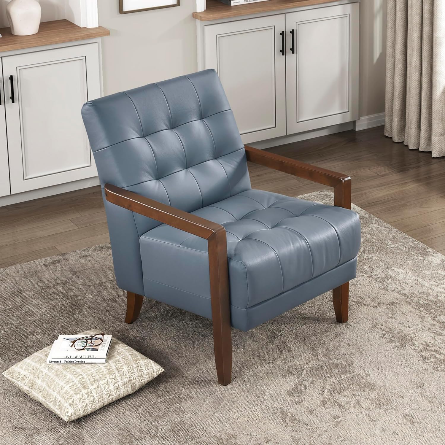 Luxury Blue Leather Accent Chair, Tufted Cushions