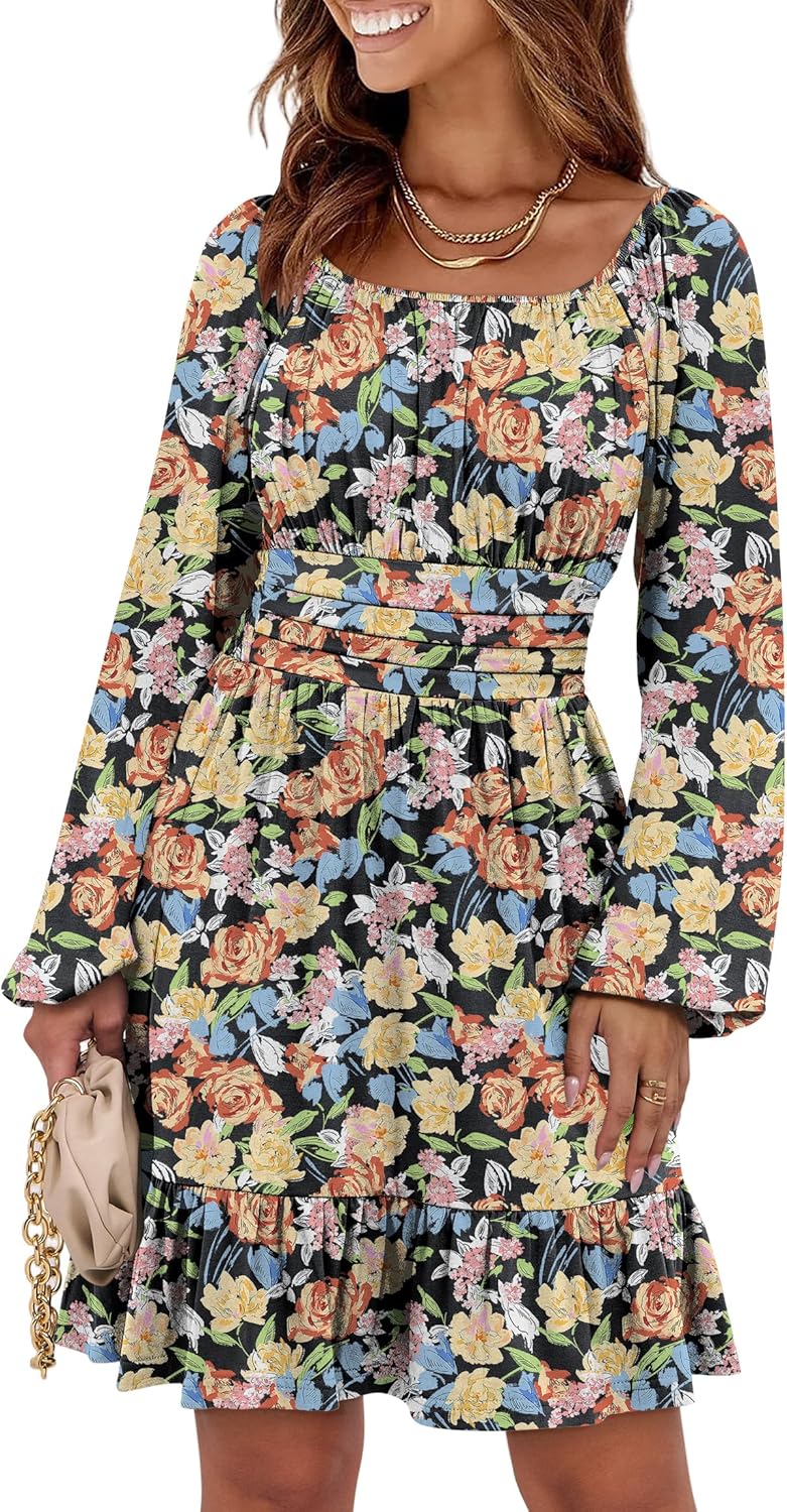 ANRABESS Womens Long Sleeve Square Neck Ruffle Dress for Fall