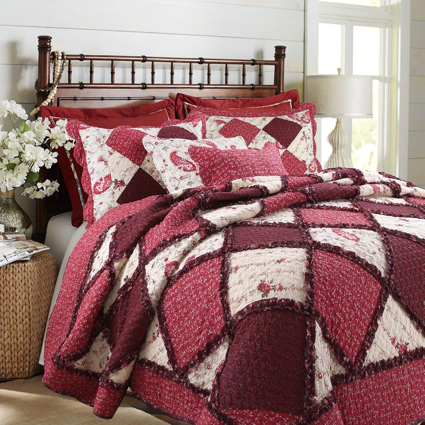 Cozy Line Home Fashions Burgundy Vintage Cottage Floral Quilt Set