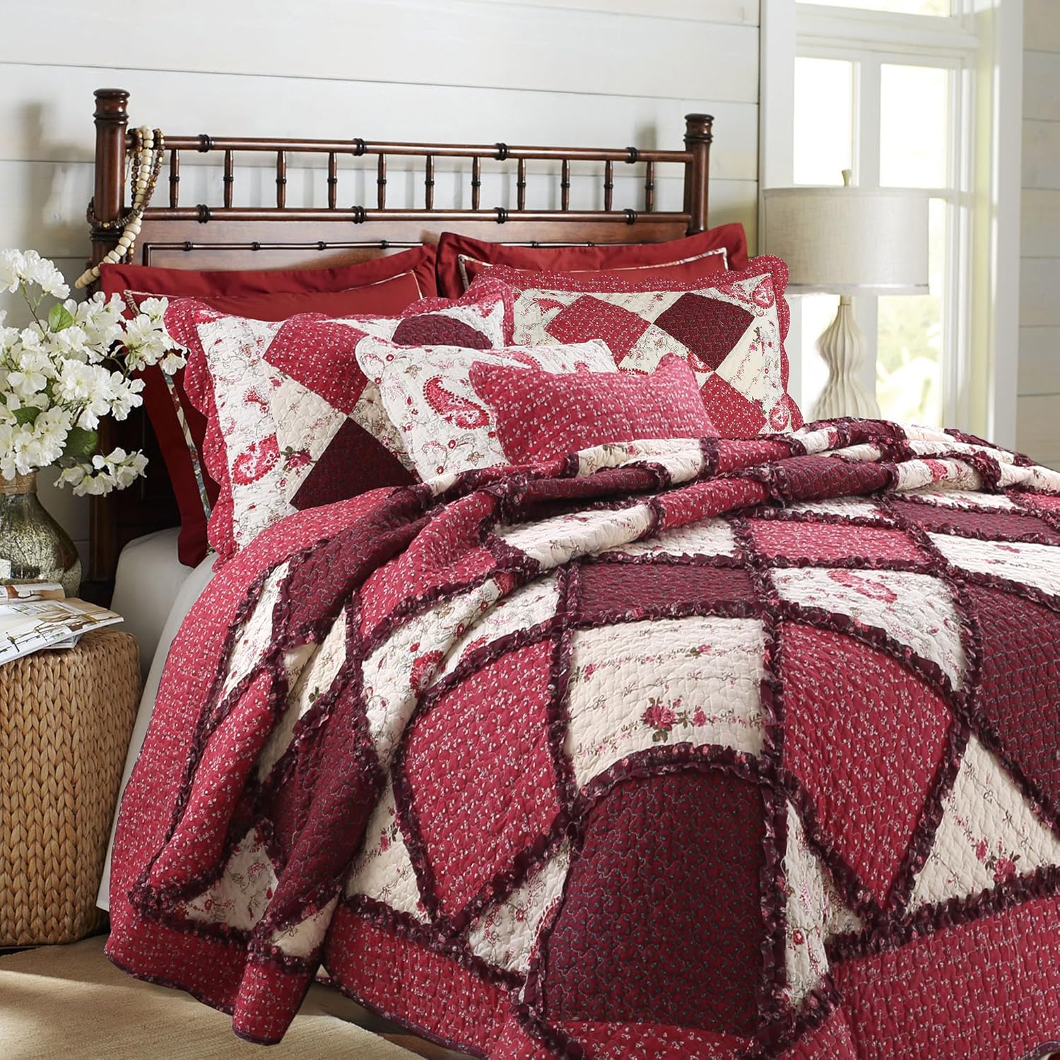 Cozy Line Home Fashions Burgundy Vintage Cottage Floral Quilt Set