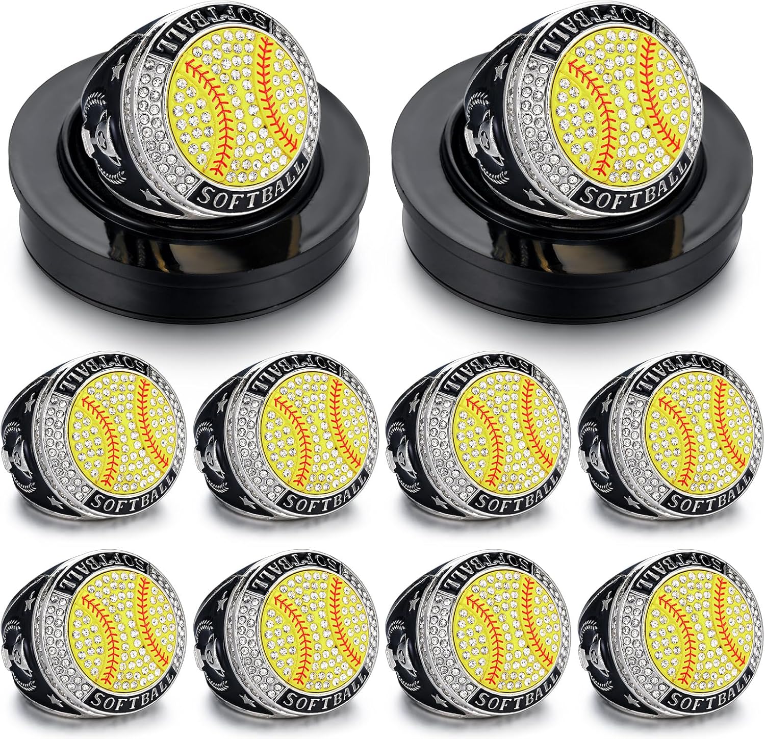 10pcs Softball Champion Rings with Display Chain Stand for Awards