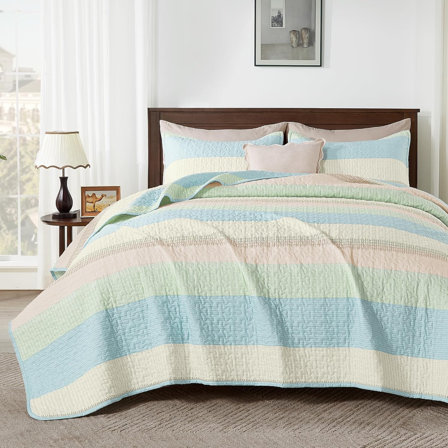 Andency California King Quilt Set Blue Pink for Stylish Bedding