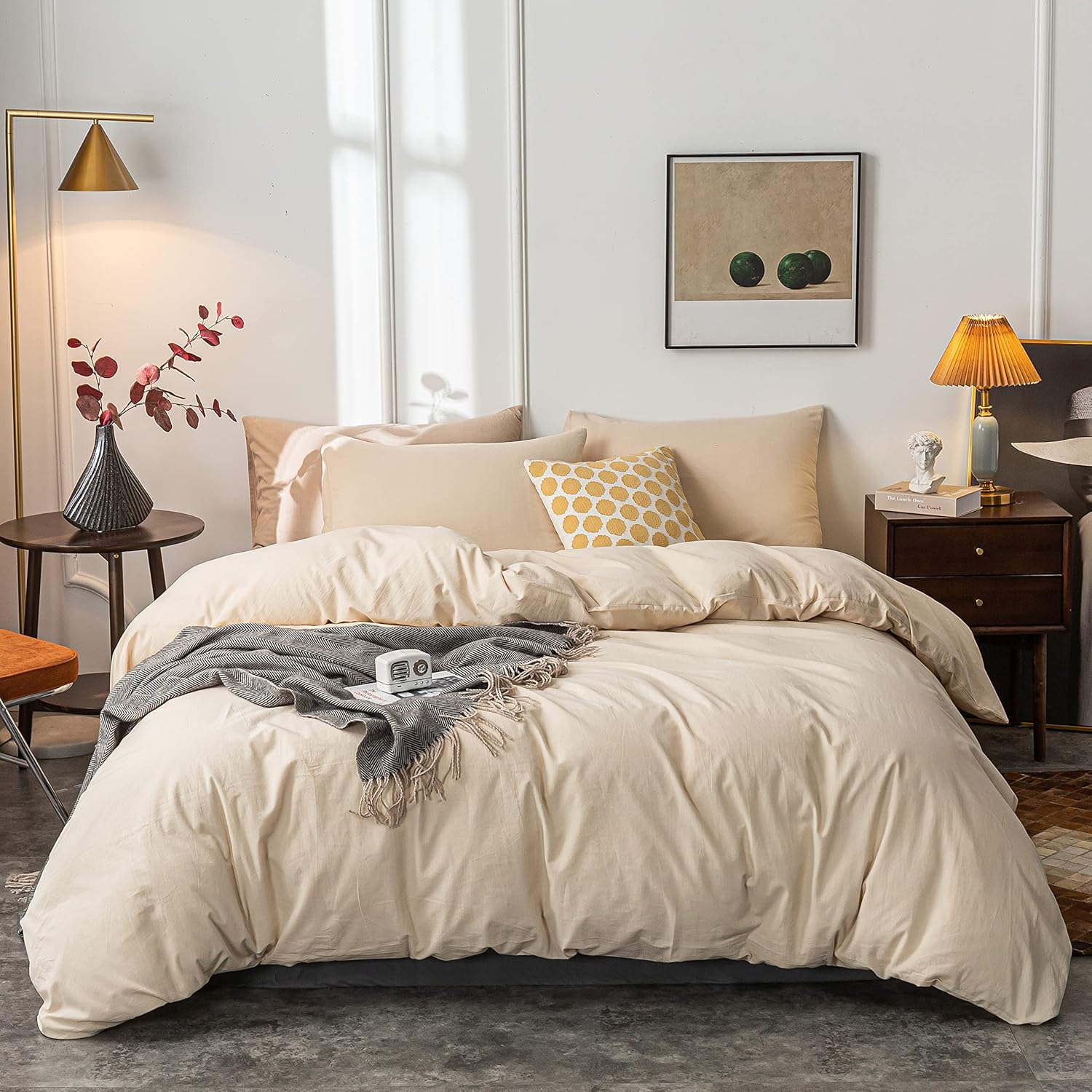 Washed Cotton Duvet Cover Queen Set Ultra Soft Beige 3 Pieces