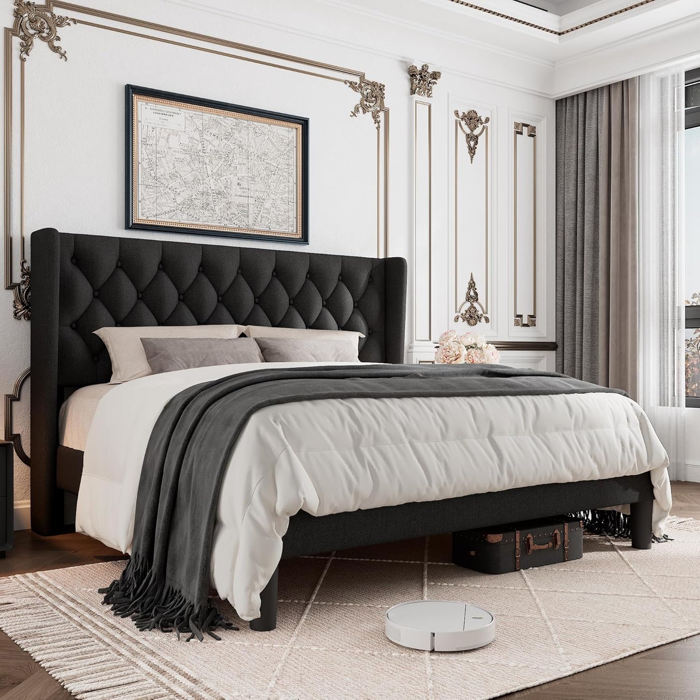King Size Bed Frame with Button Tufted Headboard for Comfort