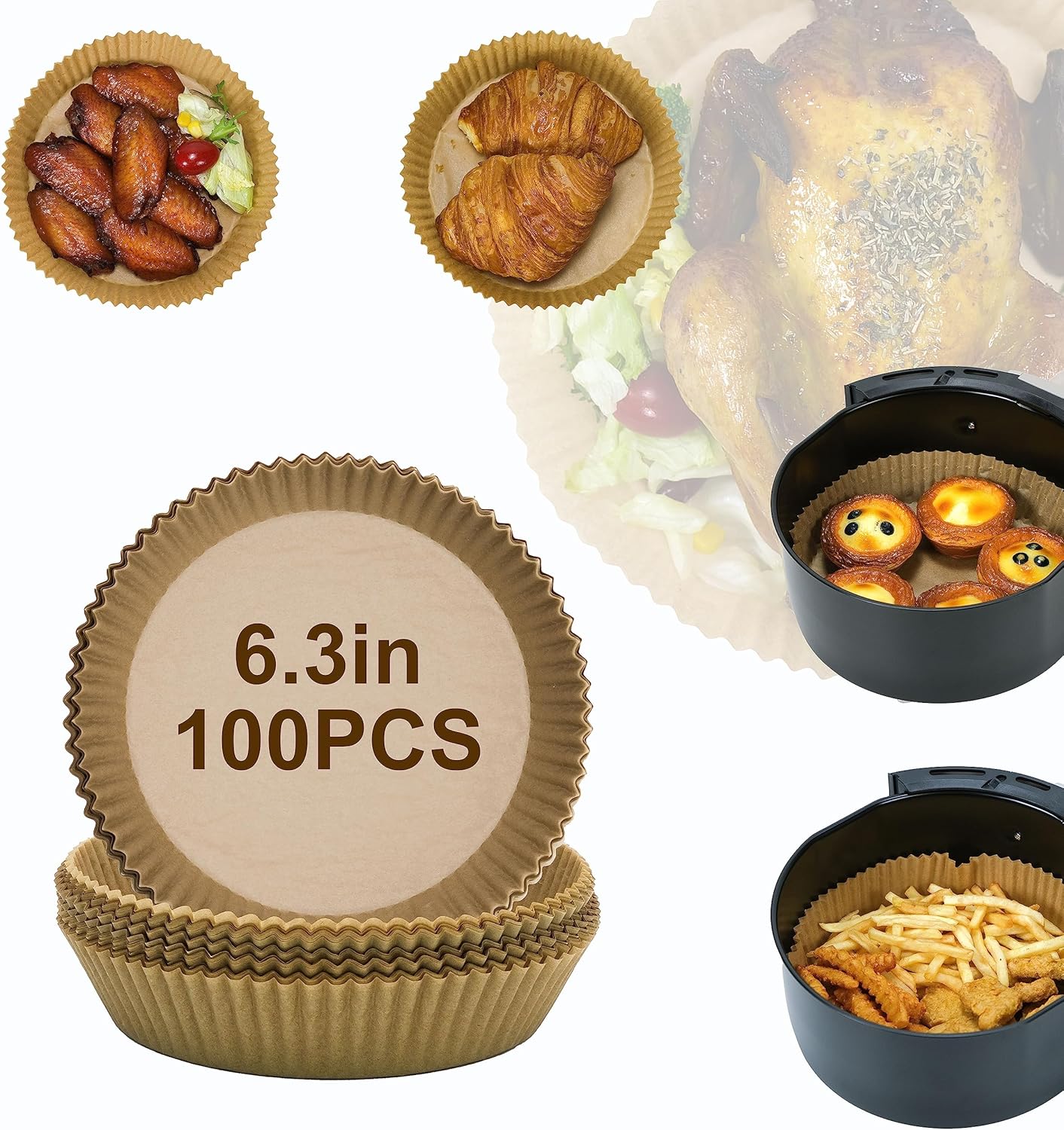 100 Air Fryer Liners 6.3in Round - Easy & Mess-Free Cooking