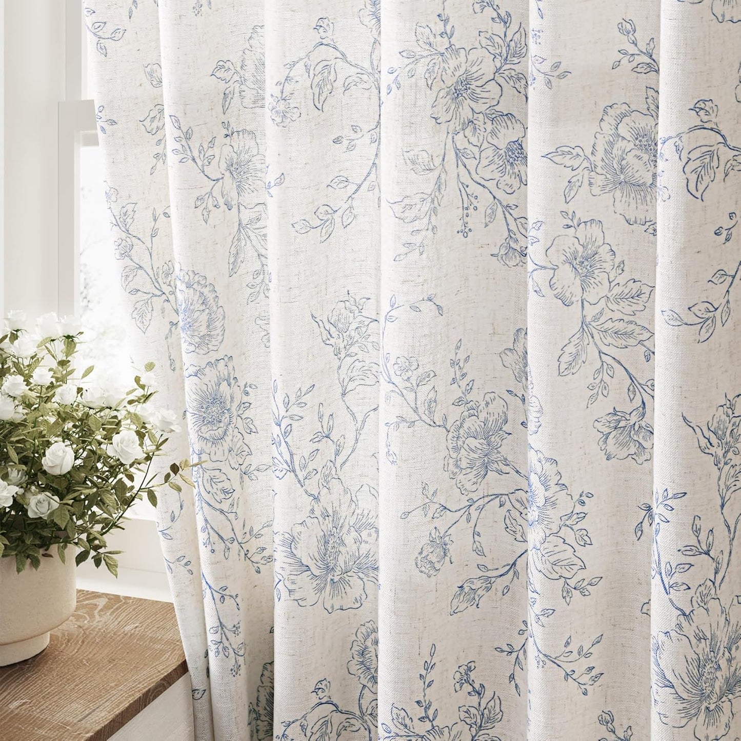Blue Floral Curtains for Living Room - Light Filtering Elegance