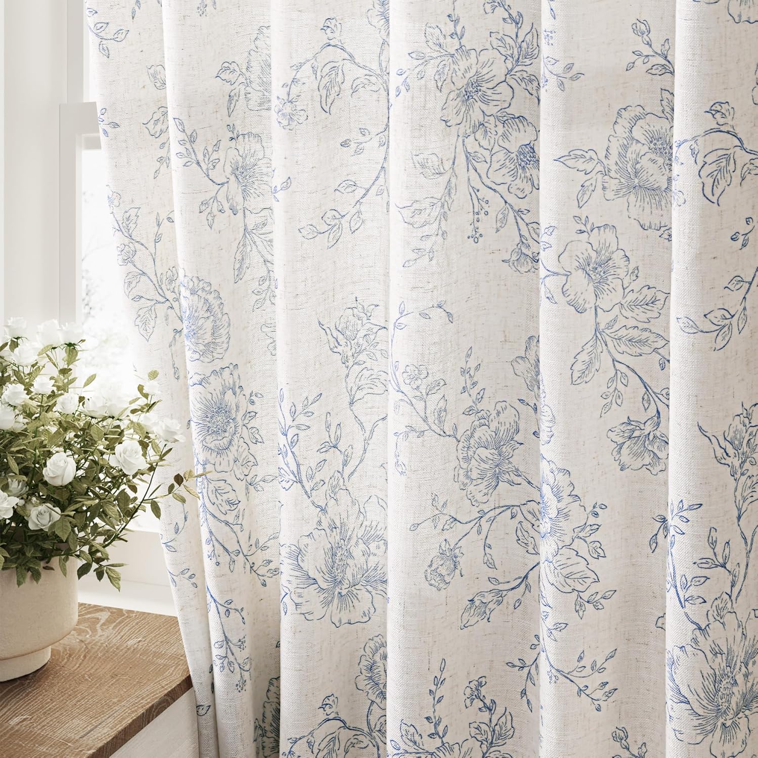 Blue Floral Curtains for Living Room - Light Filtering Elegance