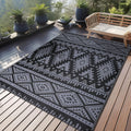 Outdoor Rug Waterproof 4x6 ft Reversible Patio Rug - Boho Black & Grey