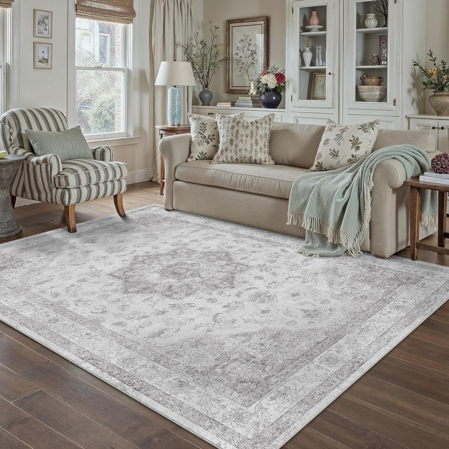 Gray Area Rug 5x8 Washable Vintage Non Slip Soft Carpet