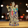Brass Lord Radha Krishna Idol Figurine with Stone Work - 8.5 in