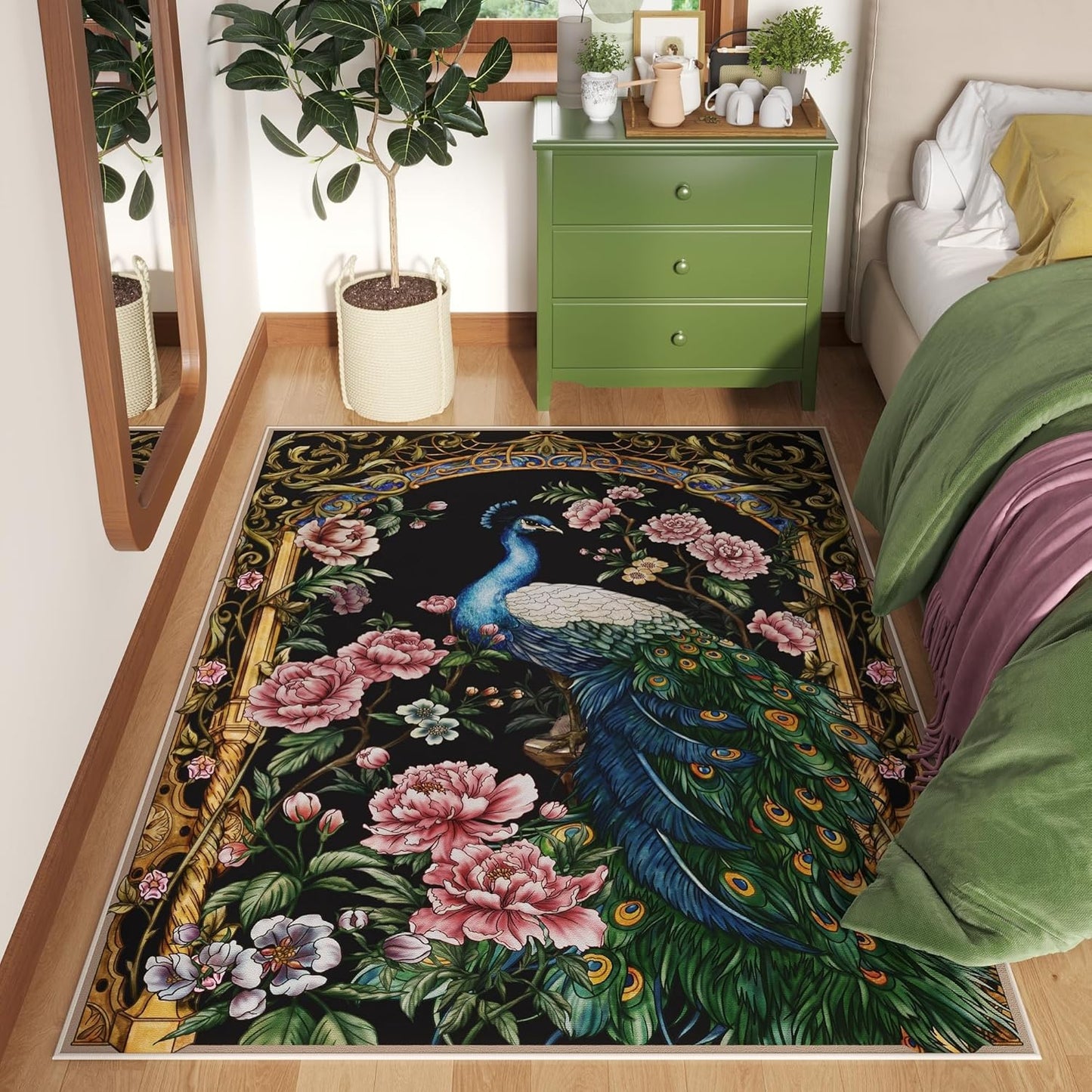 Ultra Soft 3x5 Washable Area Rug with Peacock Design for Home