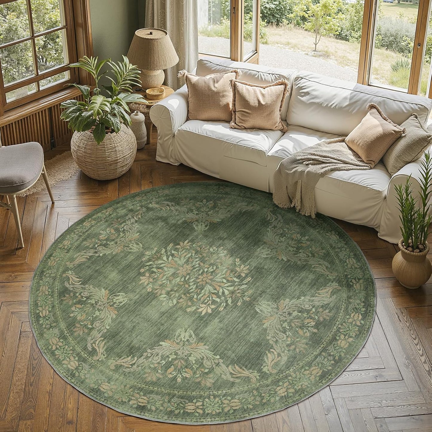 Vintage Floral Round Rug 6ft Soft Non-Slip Area Rug for Home