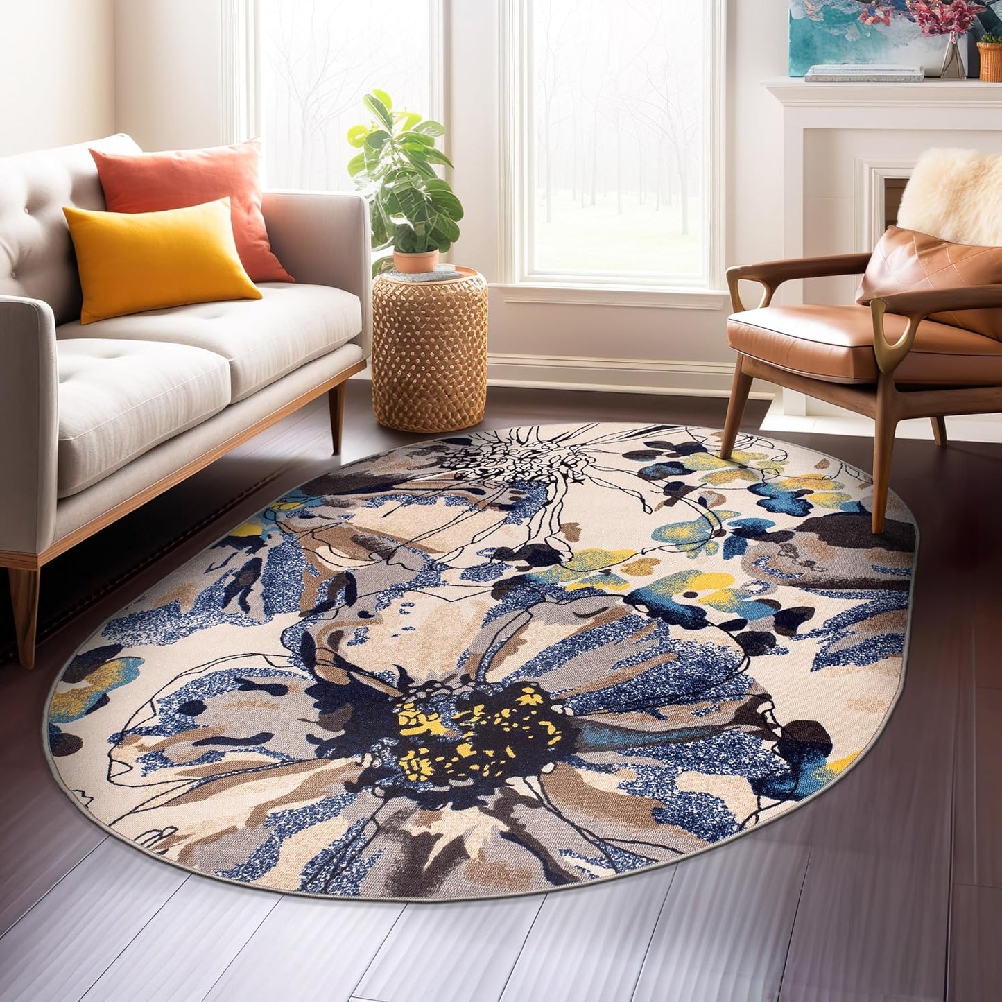 Rugshop Cream Bright Flowers Non Slip Area Rug for Any Room