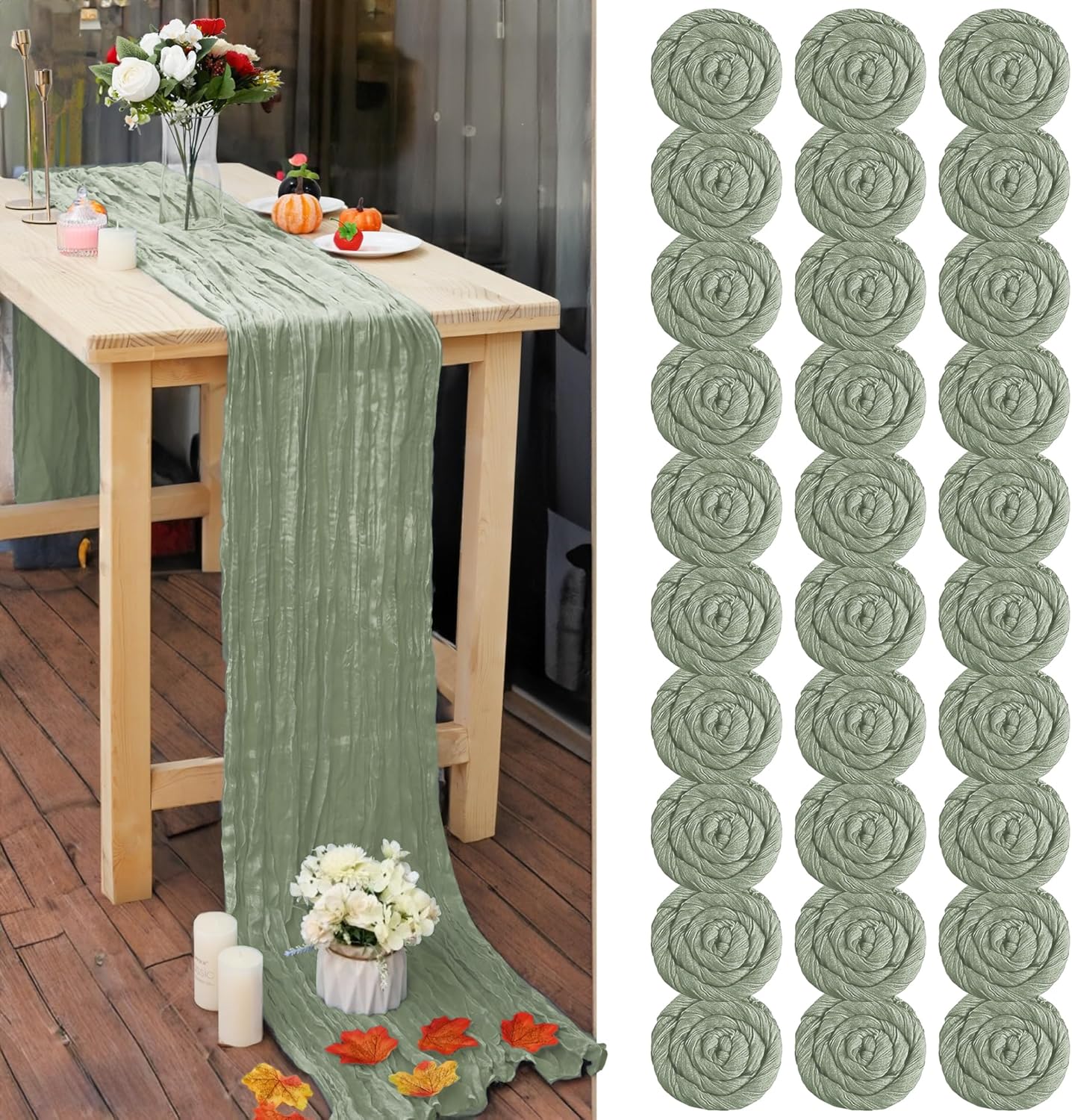 30 Pcs Sage Green Cheesecloth Table Runner for Elegant Events