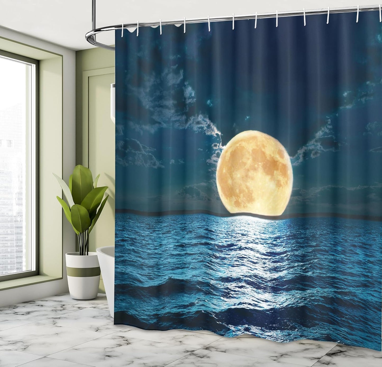 Ocean View Shower Curtain, Dreamy Midnight Mystic Print, Fabric Bathroom Decor, Yellow Navy