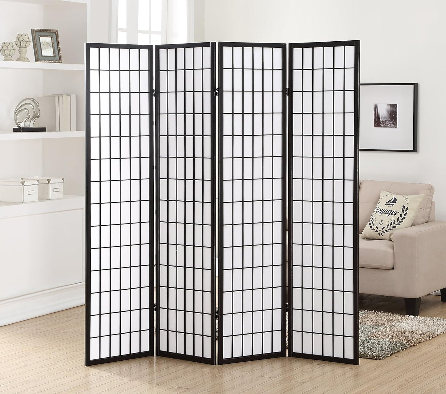 Roundhill Furniture Oriental Shoji 4 Panel Screen Room Divider