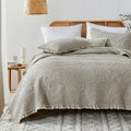 Beige Ruffled Quilt King Size - Stone-Washed Microfiber