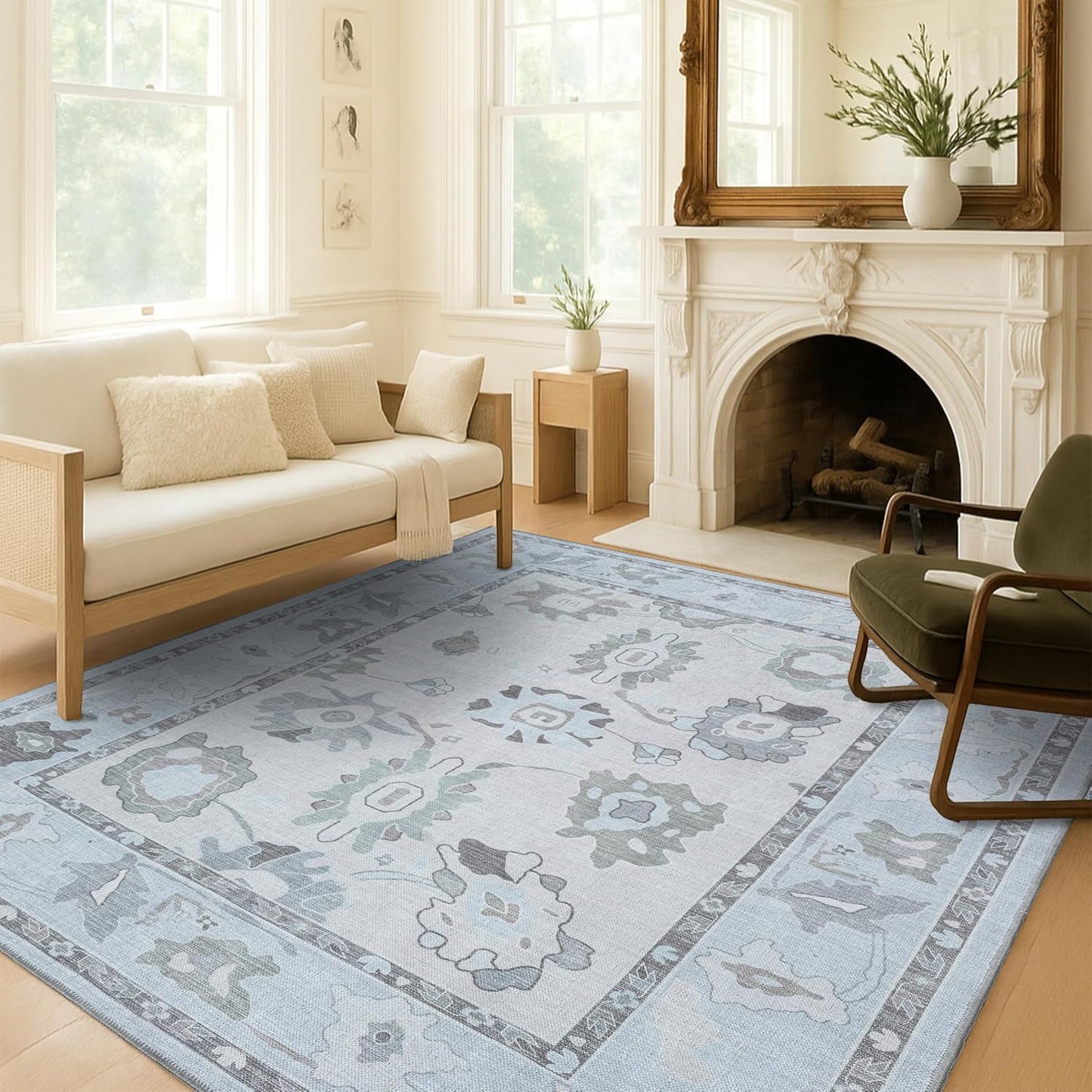 Cream Beige Oushak Rug - Modern Vintage Turkish Floral Design
