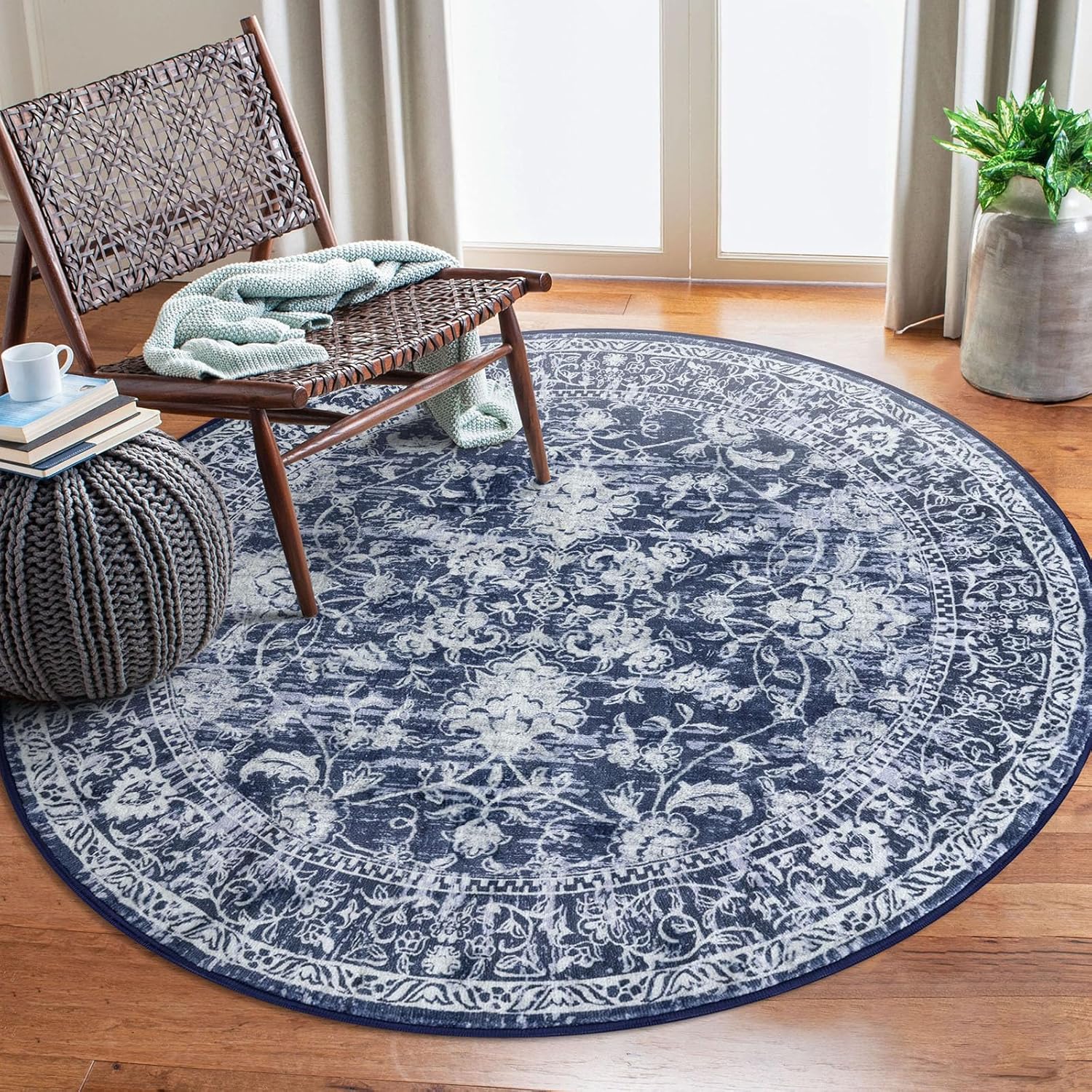 KILOCOCO 5ft Round Vintage Floral Area Rug for Living Room