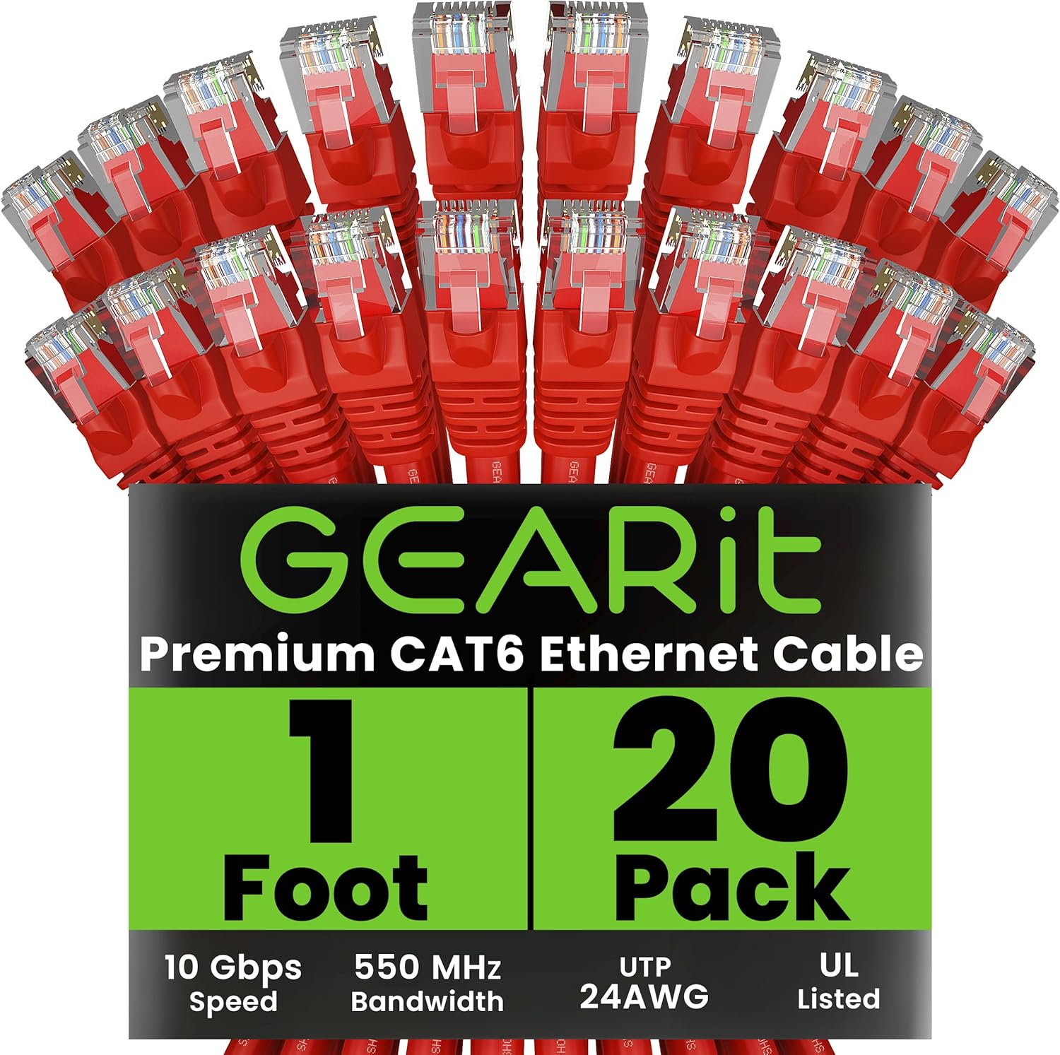 GearIT Cat 6 Ethernet Cable 20-Pack 1ft Red for PC TV Router