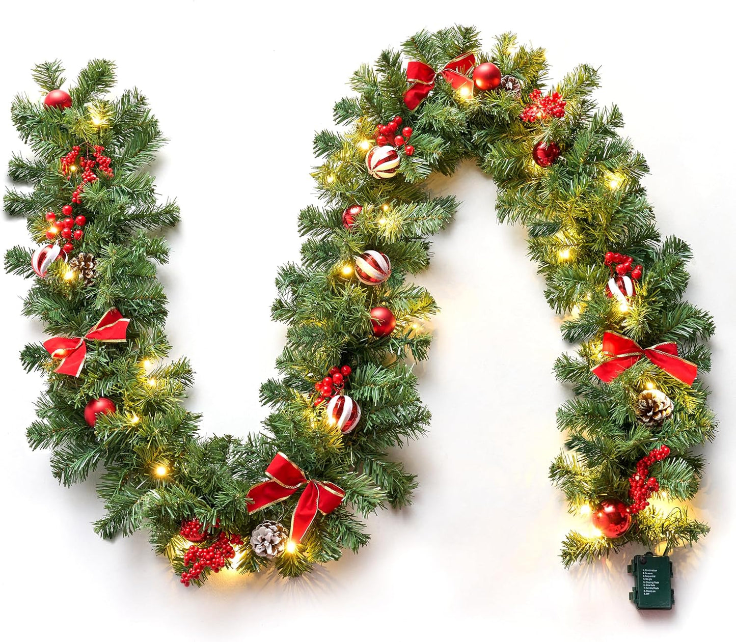 9Ft Christmas Garland Prelit with 50 Warm White LED Lights