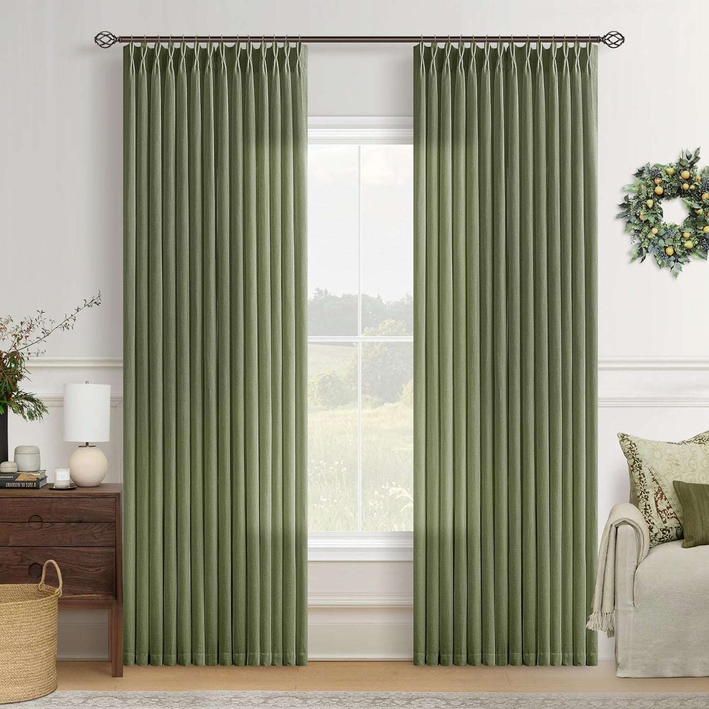 Olive Green Linen Curtains 84 Inches Long for Living Room
