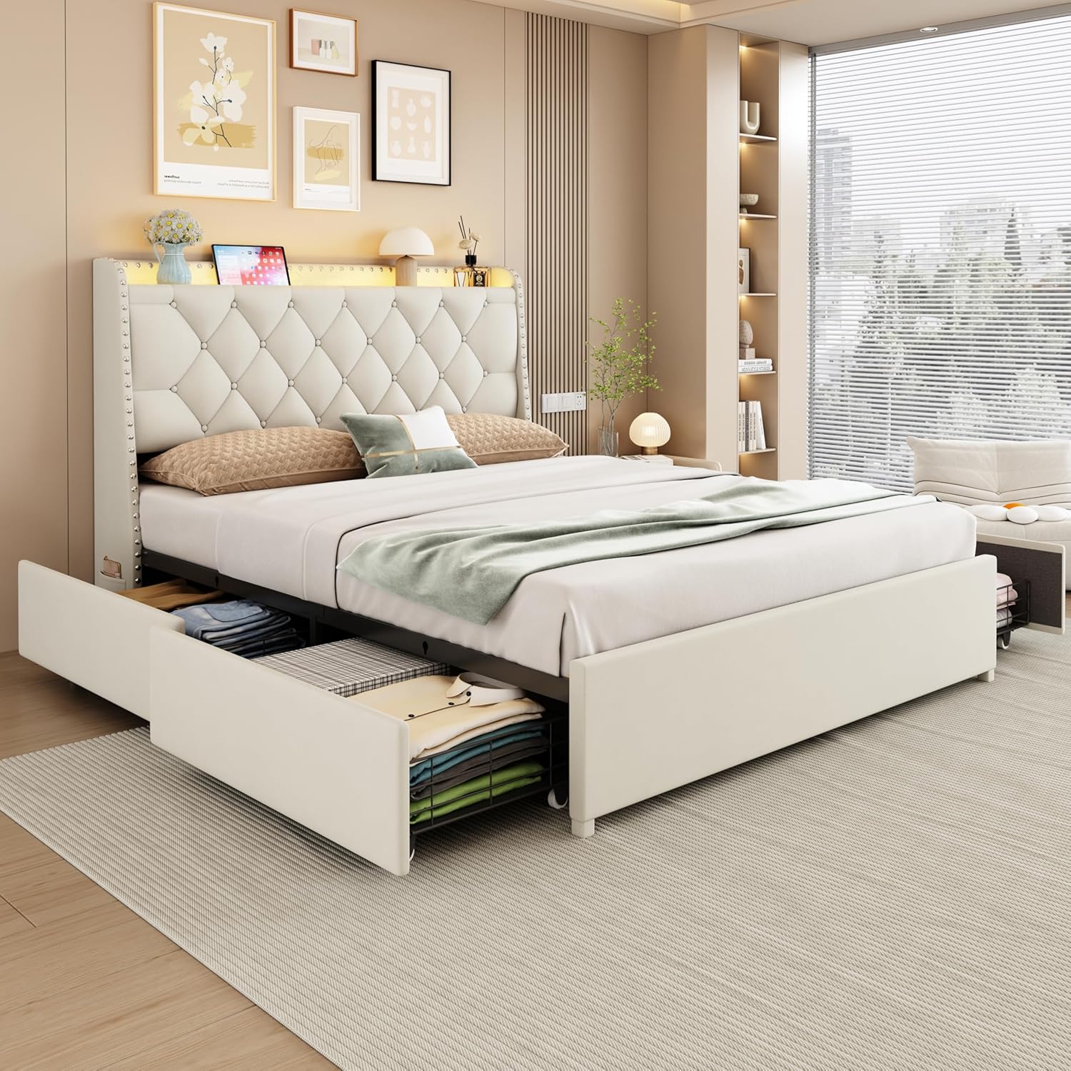 Queen Bed Frame with 4 Storage Drawers and LED Lights