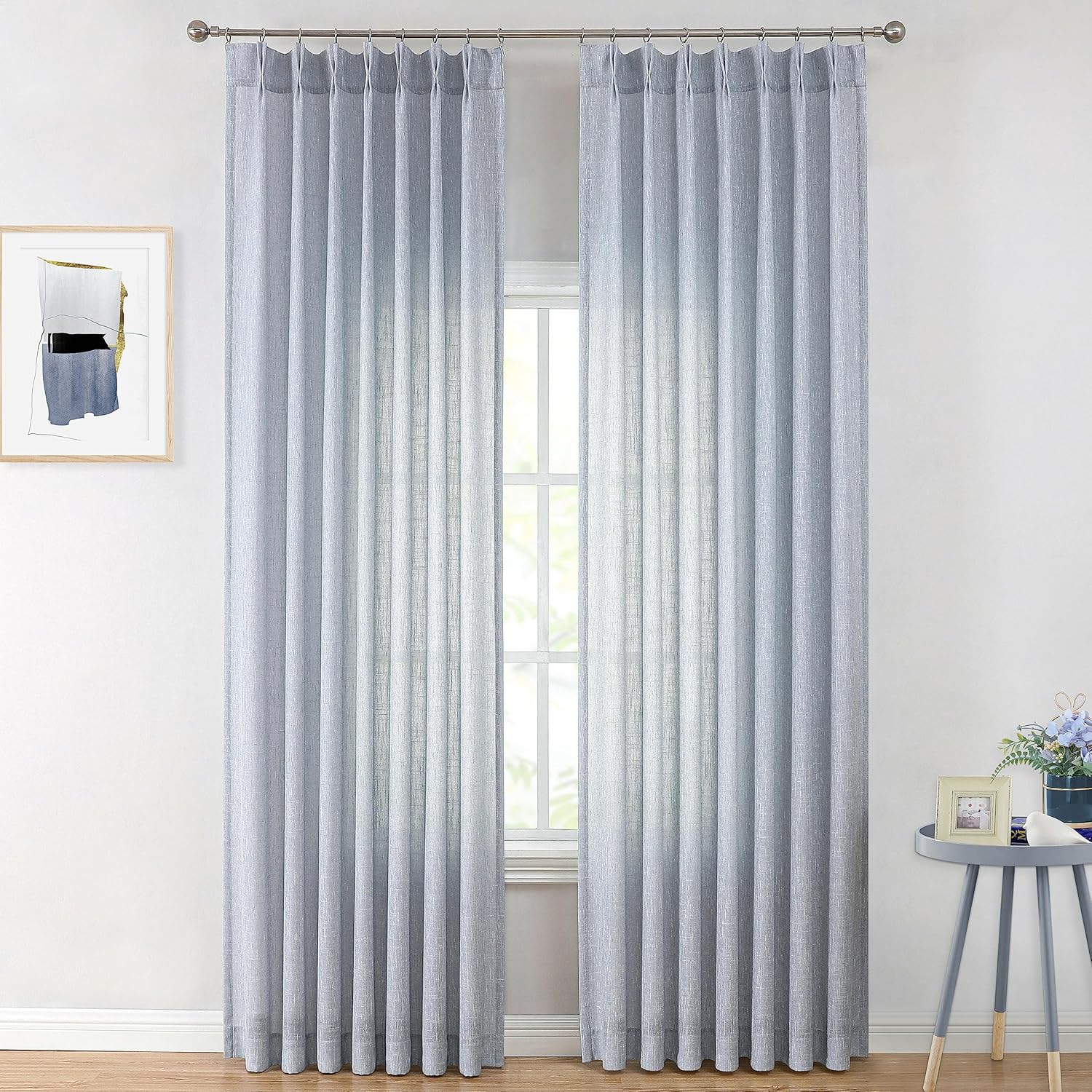 Vision Home Chambray Blue Pinch Pleated Semi Sheer Curtains