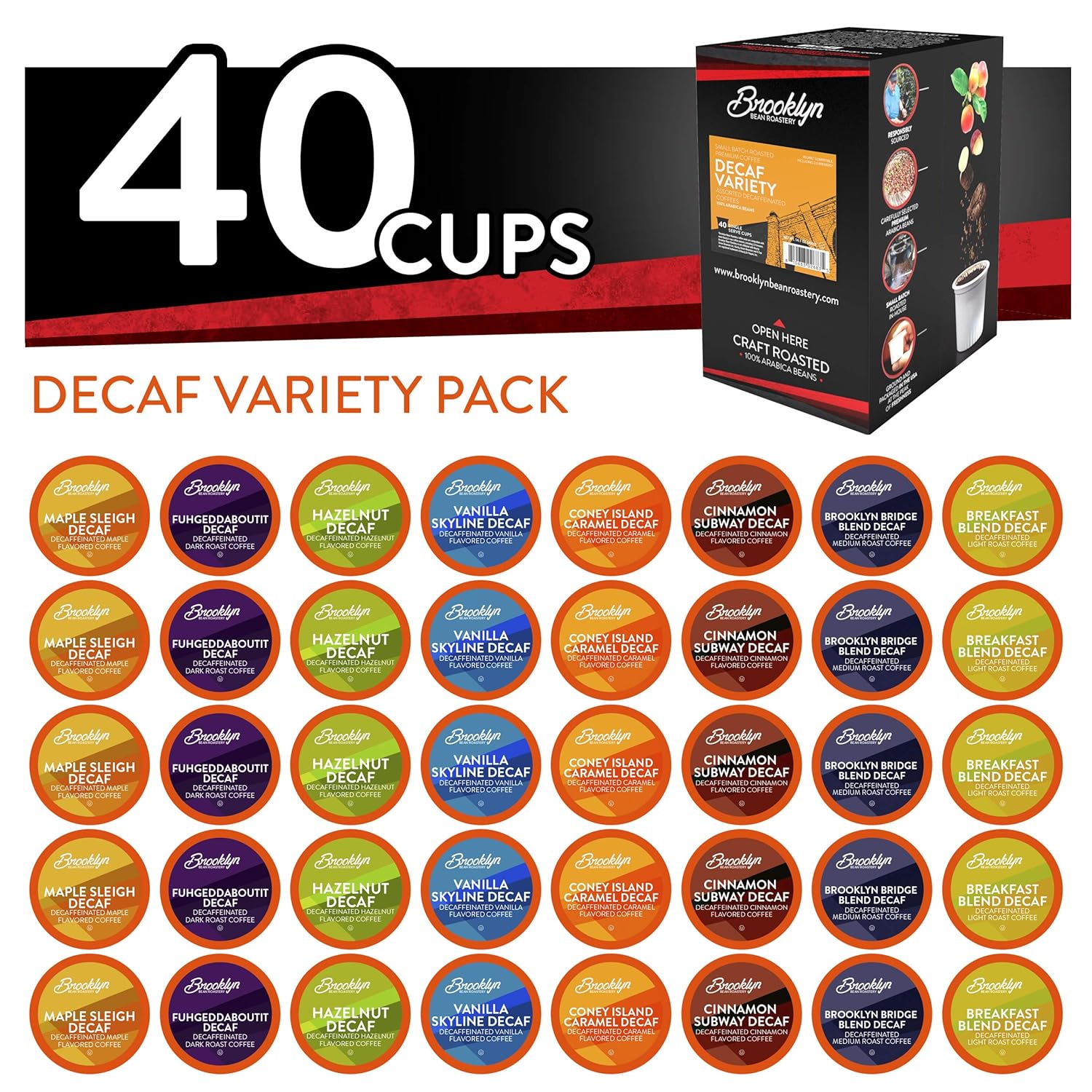 Brooklyn Beans Decaf Variety Pack - 40 Count, Keurig Compatible