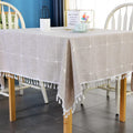 Brown Embroidery Lattice Square Tablecloth with Tassel - Rustic Linen