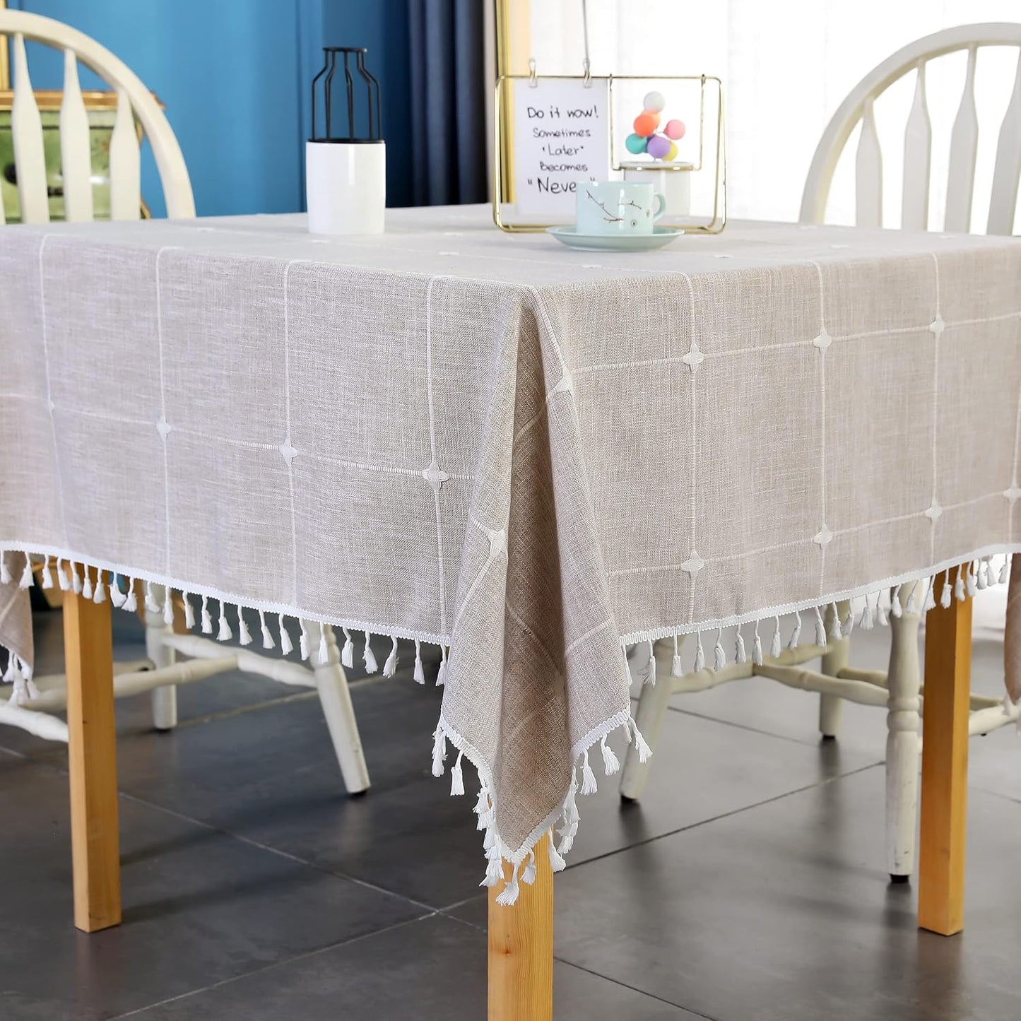 Brown Embroidery Lattice Square Tablecloth with Tassel Design