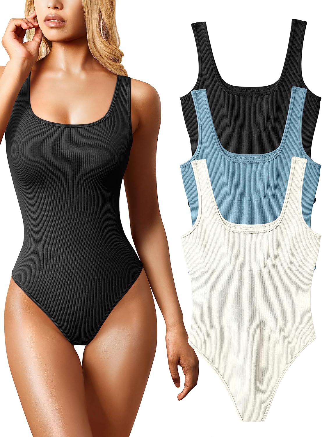 OQQ Women's 3 Piece Bodysuits with Sexy Ribbed Design for Style
