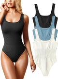 OQQ Women's 3-Pack Ribbed Square Neck Bodysuits - Stretchy Seamless