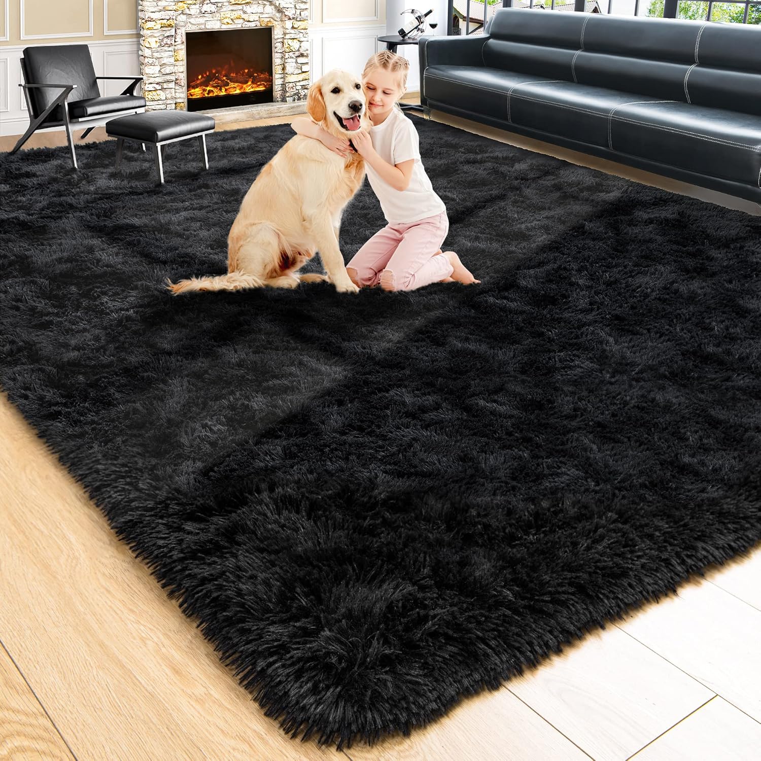 Large Fluffy Black 5x8 Area Rugs for Living Room and Bedroom