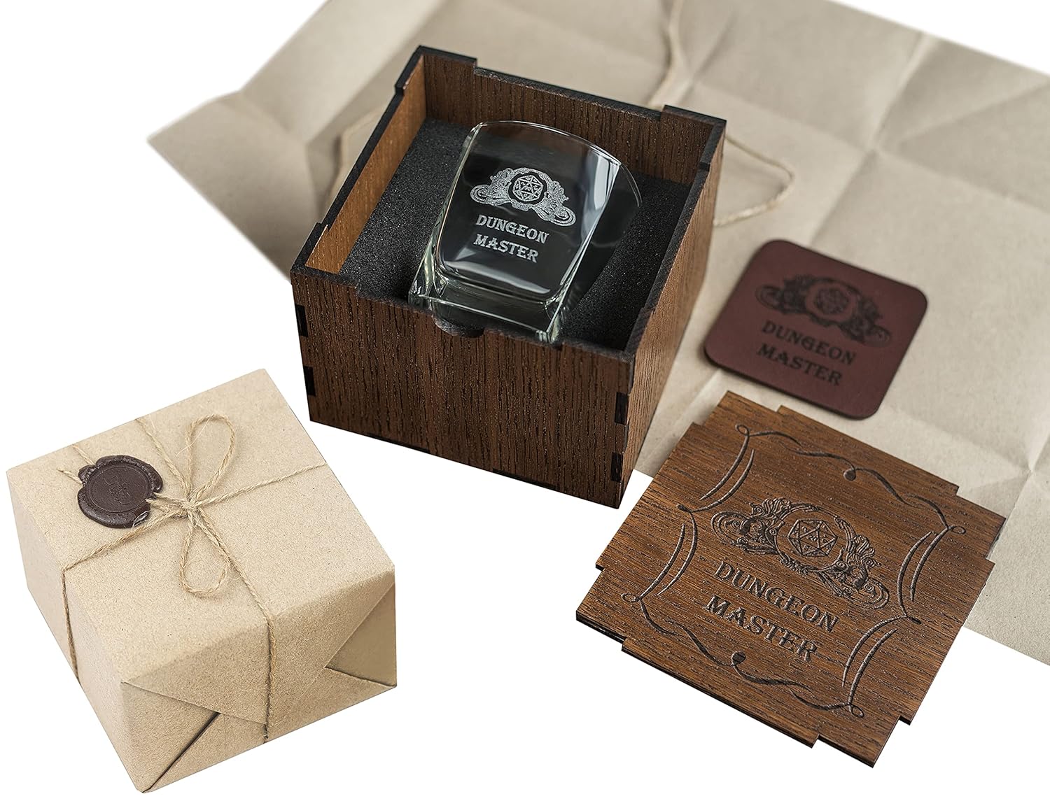 Dungeons Master Gift Set with Whisky Glass and Leather Coaster