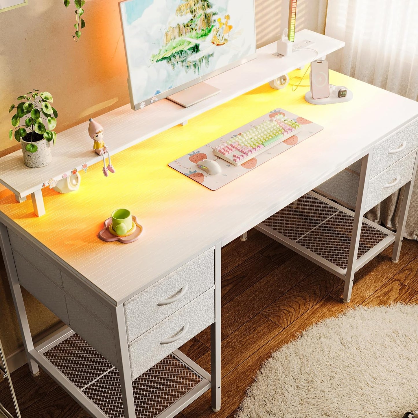 Huuger 55 inch Computer Desk with LED Lights and Drawers