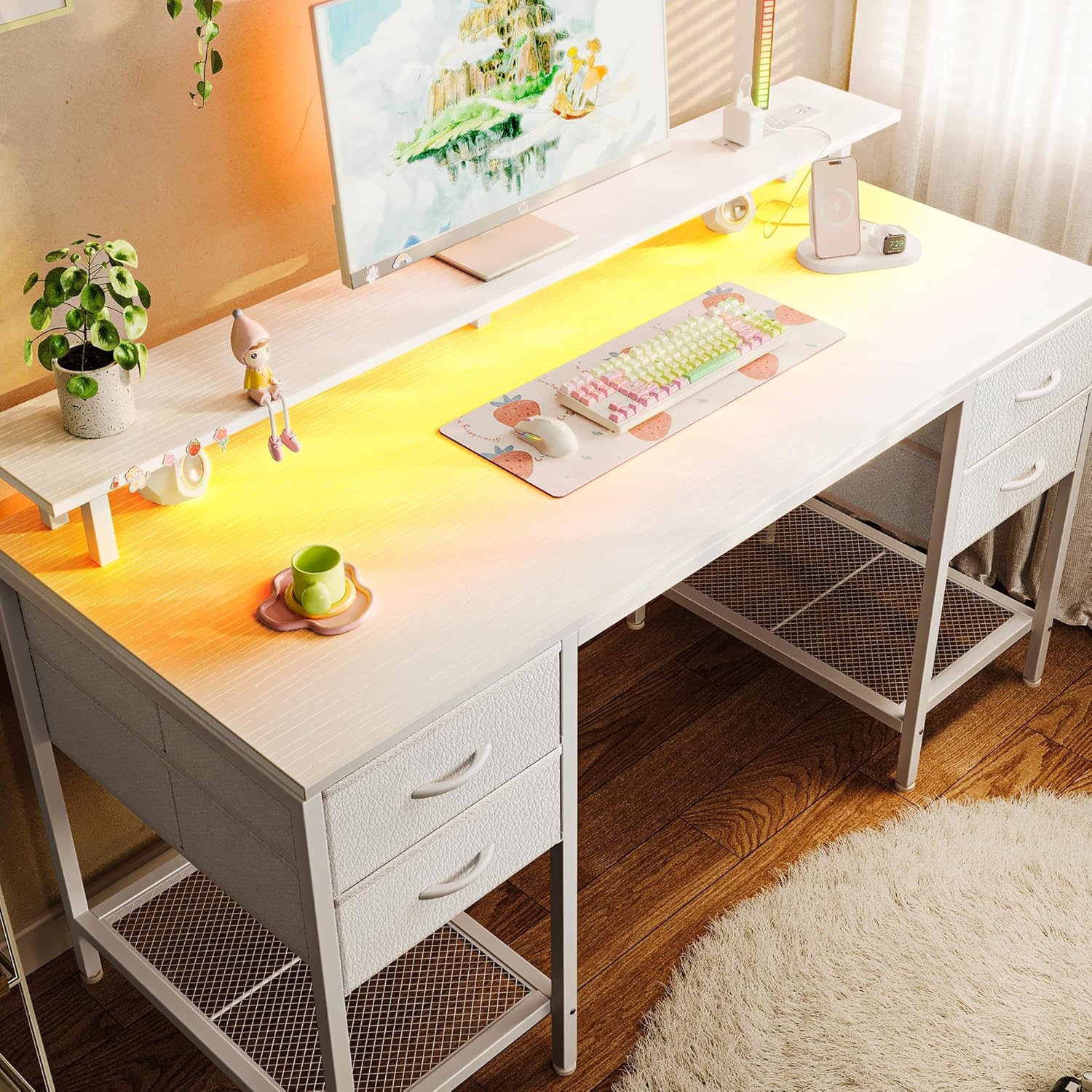 Huuger 55 inch Computer Desk with LED Lights and Drawers