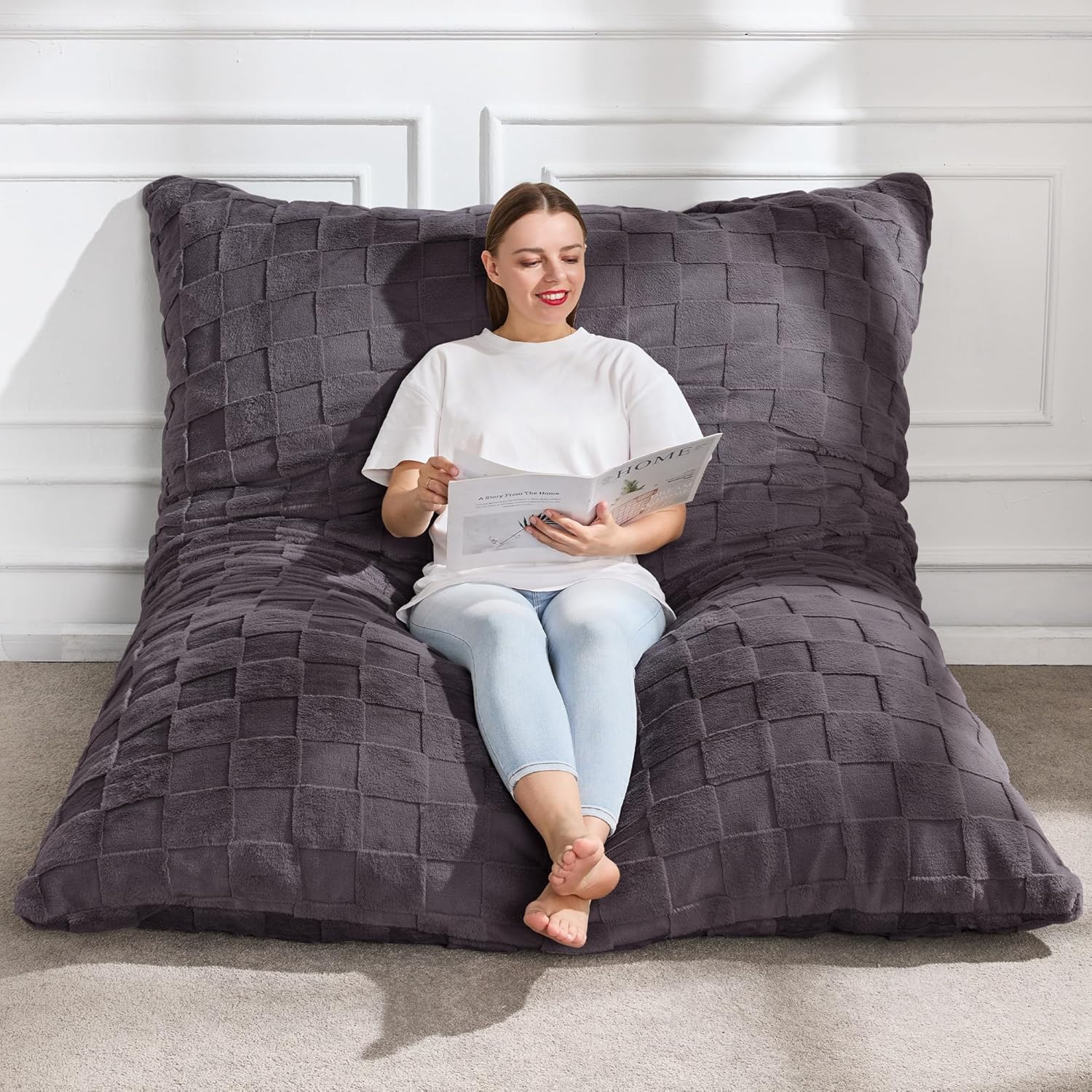 3 in 1 Giant Bean Bag Chair for Adults with Plaid Cover