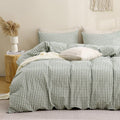 Green Gingham Duvet Cover Set Queen - Washed Cotton Feel