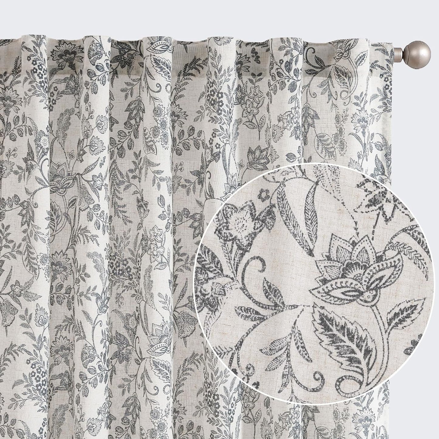 Linen Farmhouse Black Floral Print Curtains for Vintage Style